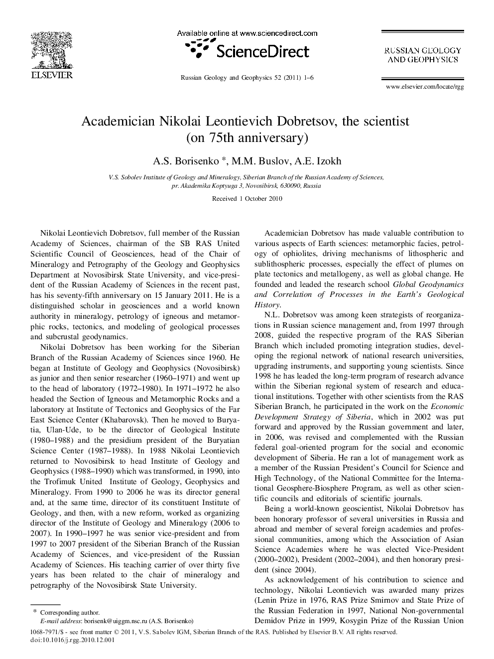 Academician Nikolai Leontievich Dobretsov, the scientist (on 75th anniversary)