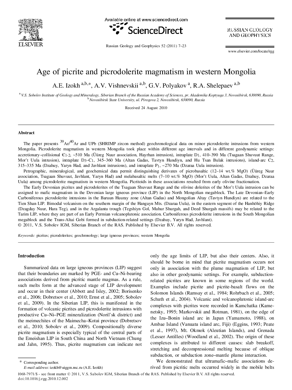 Age of picrite and picrodolerite magmatism in western Mongolia