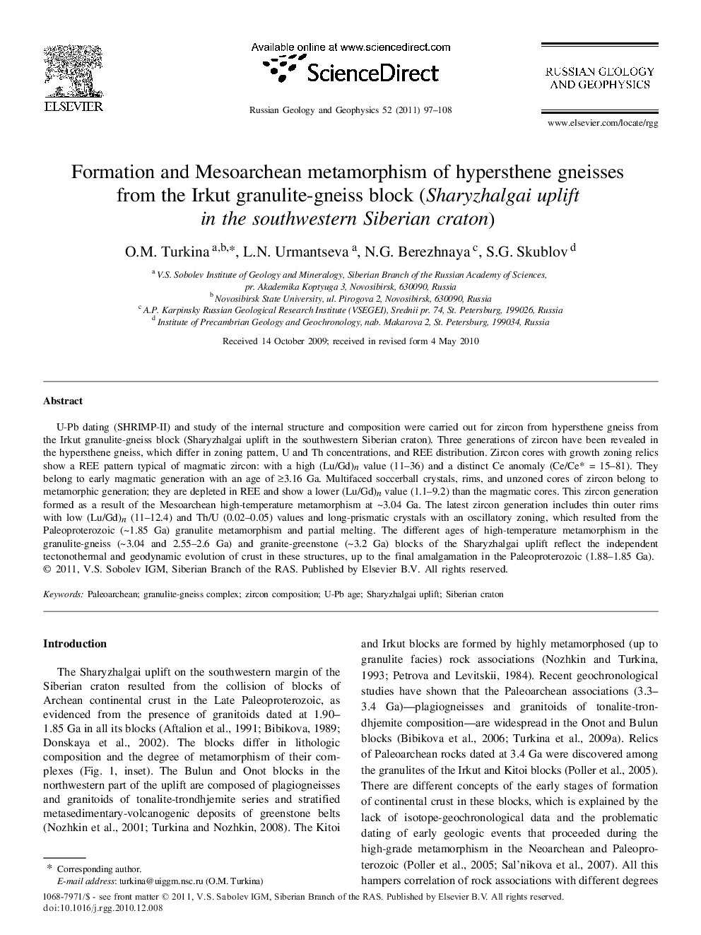 Formation and Mesoarchean metamorphism of hypersthene gneisses from the Irkut granulite-gneiss block (Sharyzhalgai uplift in the southwestern Siberian craton)