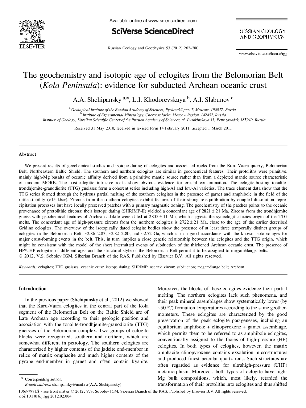 The geochemistry and isotopic age of eclogites from the Belomorian Belt (Kola Peninsula): evidence for subducted Archean oceanic crust