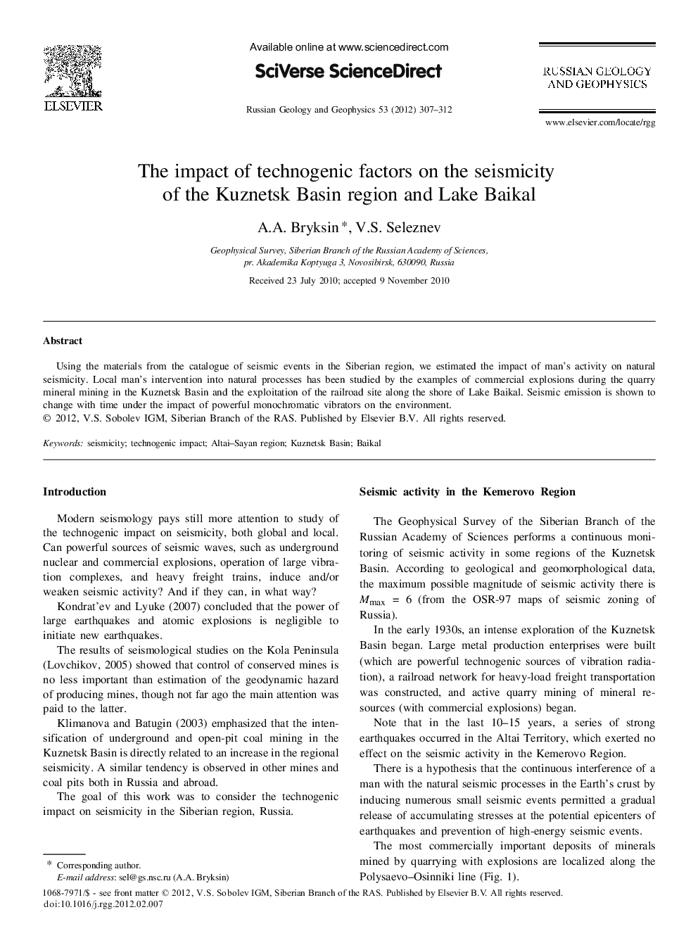 The impact of technogenic factors on the seismicity of the Kuznetsk Basin region and Lake Baikal