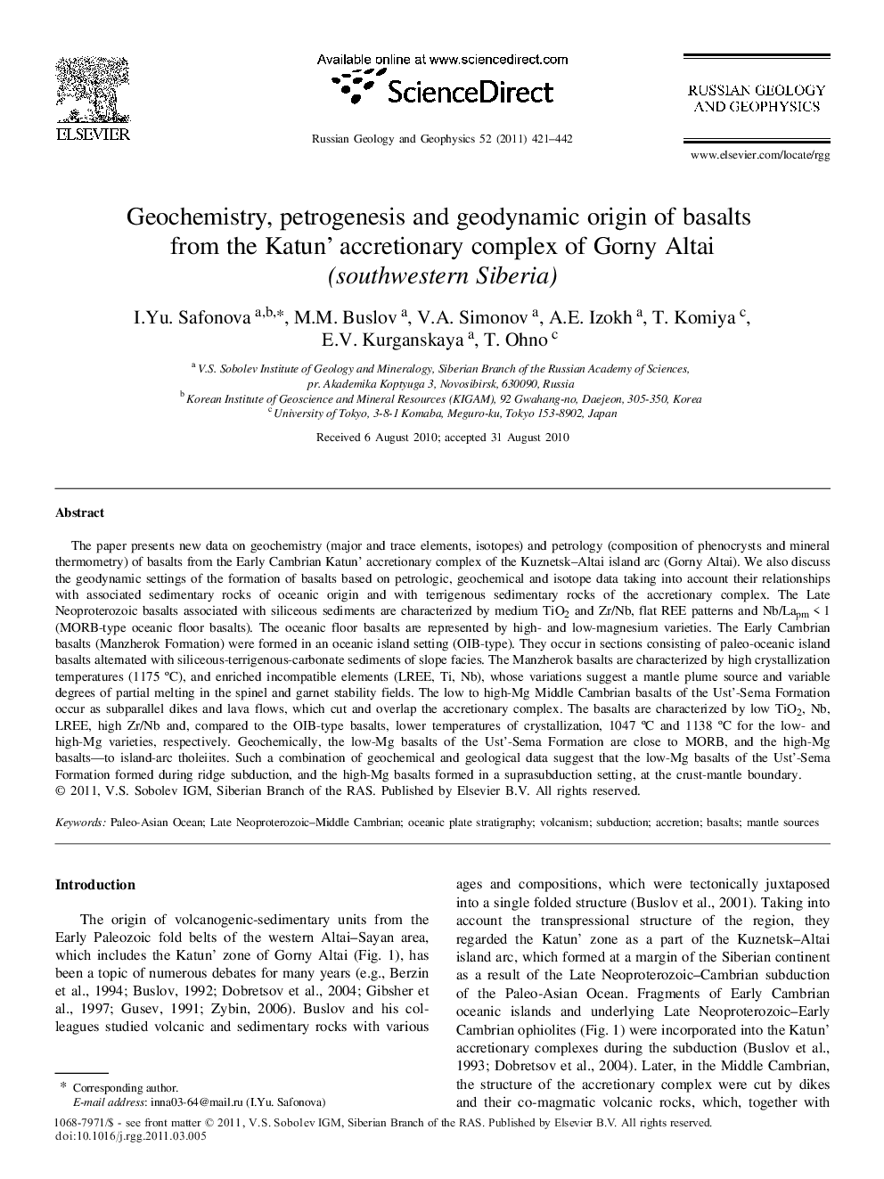 Geochemistry, petrogenesis and geodynamic origin of basalts from the Katun' accretionary complex of Gorny Altai (southwestern Siberia)