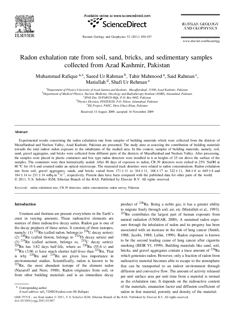 Radon exhalation rate from soil, sand, bricks, and sedimentary samples collected from Azad Kashmir, Pakistan