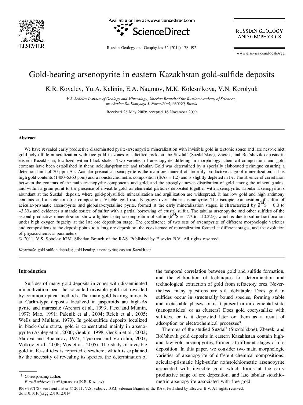 Gold-bearing arsenopyrite in eastern Kazakhstan gold-sulfide deposits