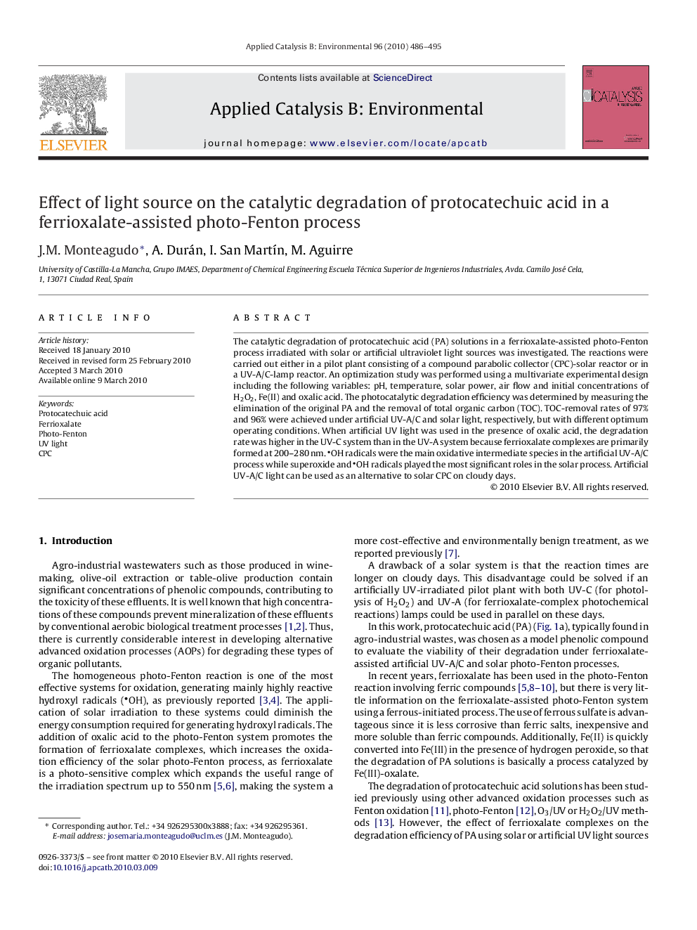 Effect of light source on the catalytic degradation of protocatechuic acid in a ferrioxalate-assisted photo-Fenton process