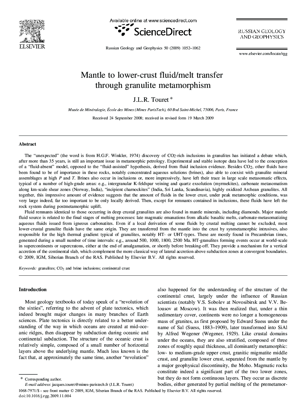 Mantle to lower-crust fluid/melt transfer through granulite metamorphism