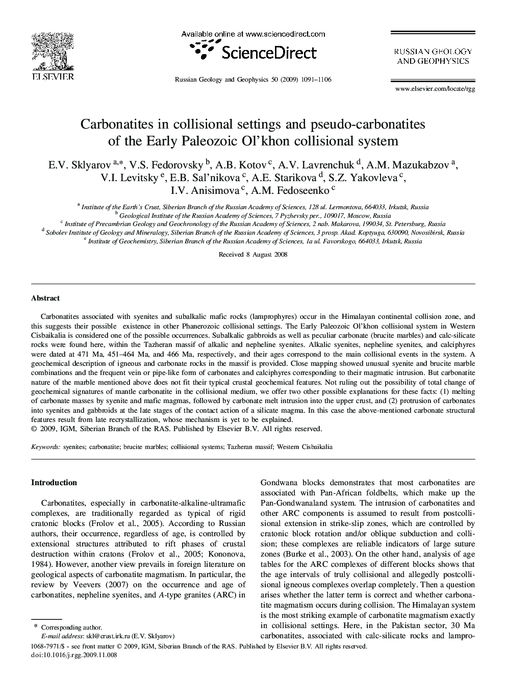 Carbonatites in collisional settings and pseudo-carbonatites of the Early Paleozoic Ol’khon collisional system