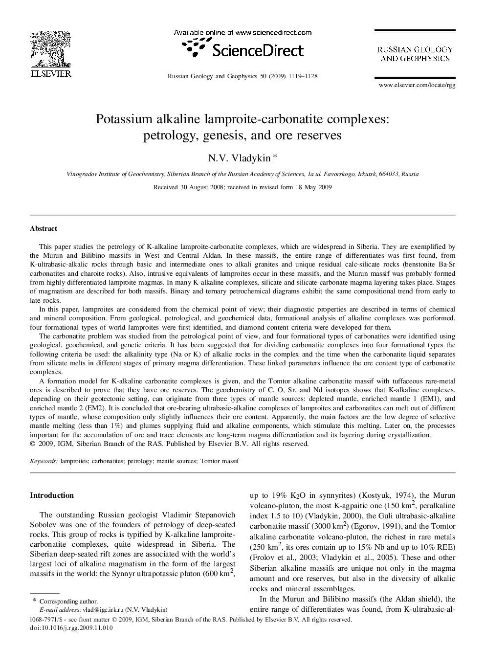 Potassium alkaline lamproite-carbonatite complexes: petrology, genesis, and ore reserves