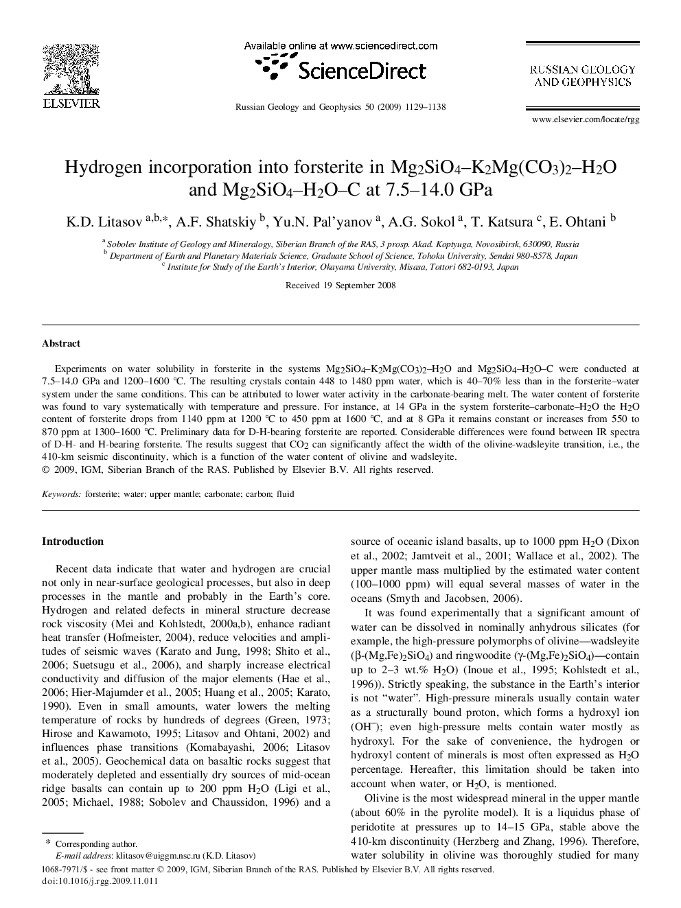 Hydrogen incorporation into forsterite in Mg2SiO4–K2Mg(CO3)2–H2O and Mg2SiO4–H2O–C at 7.5–14.0 GPa