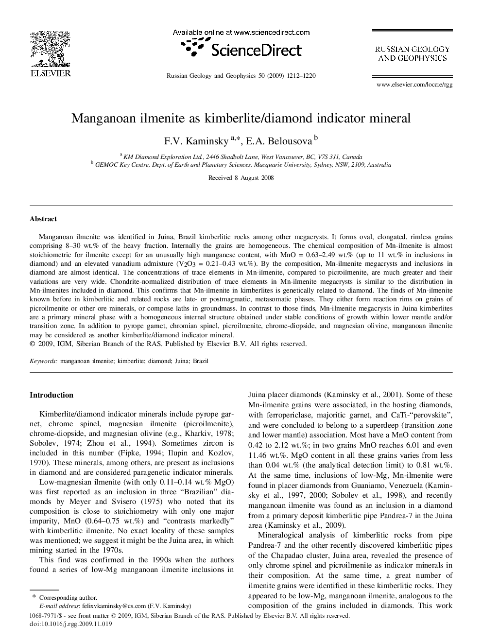 Manganoan ilmenite as kimberlite/diamond indicator mineral