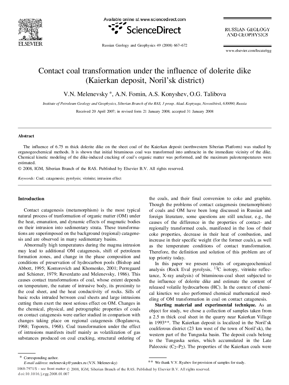 Contact coal transformation under the influence of dolerite dike (Kaierkan deposit, Noril'sk district)