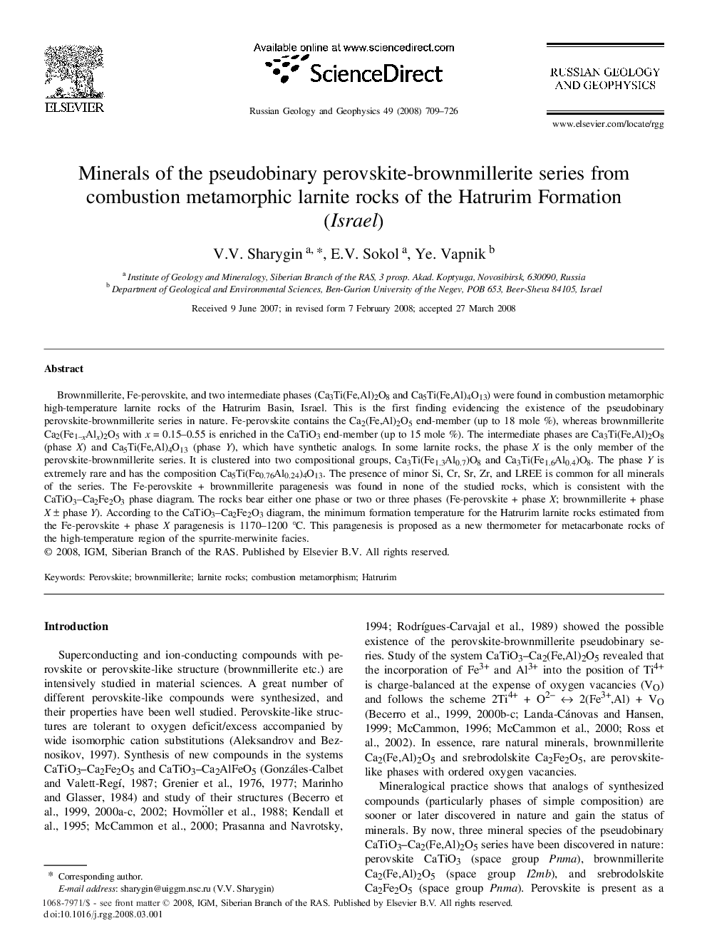 Minerals of the pseudobinary perovskite-brownmillerite series from combustion metamorphic larnite rocks of the Hatrurim Formation (Israel)