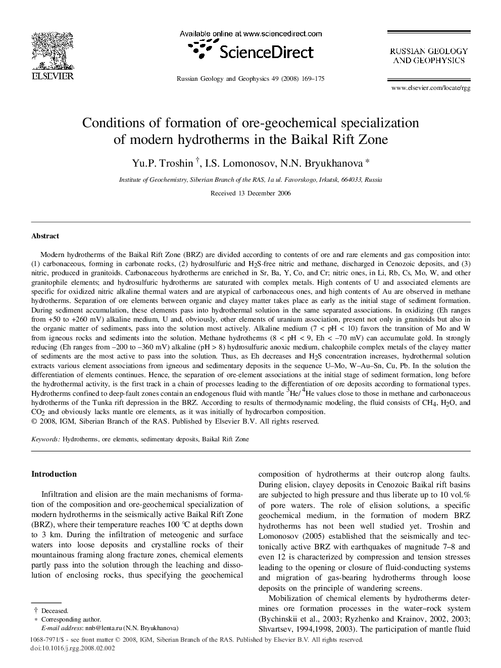 Conditions of formation of ore-geochemical specialization of modern hydrotherms in the Baikal Rift Zone