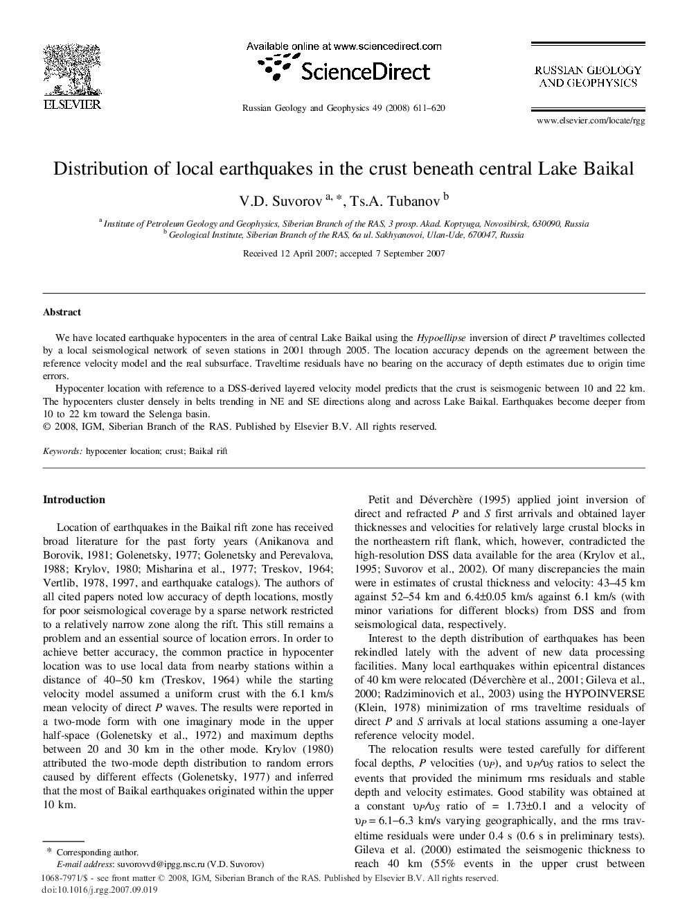 Distribution of local earthquakes in the crust beneath central Lake Baikal