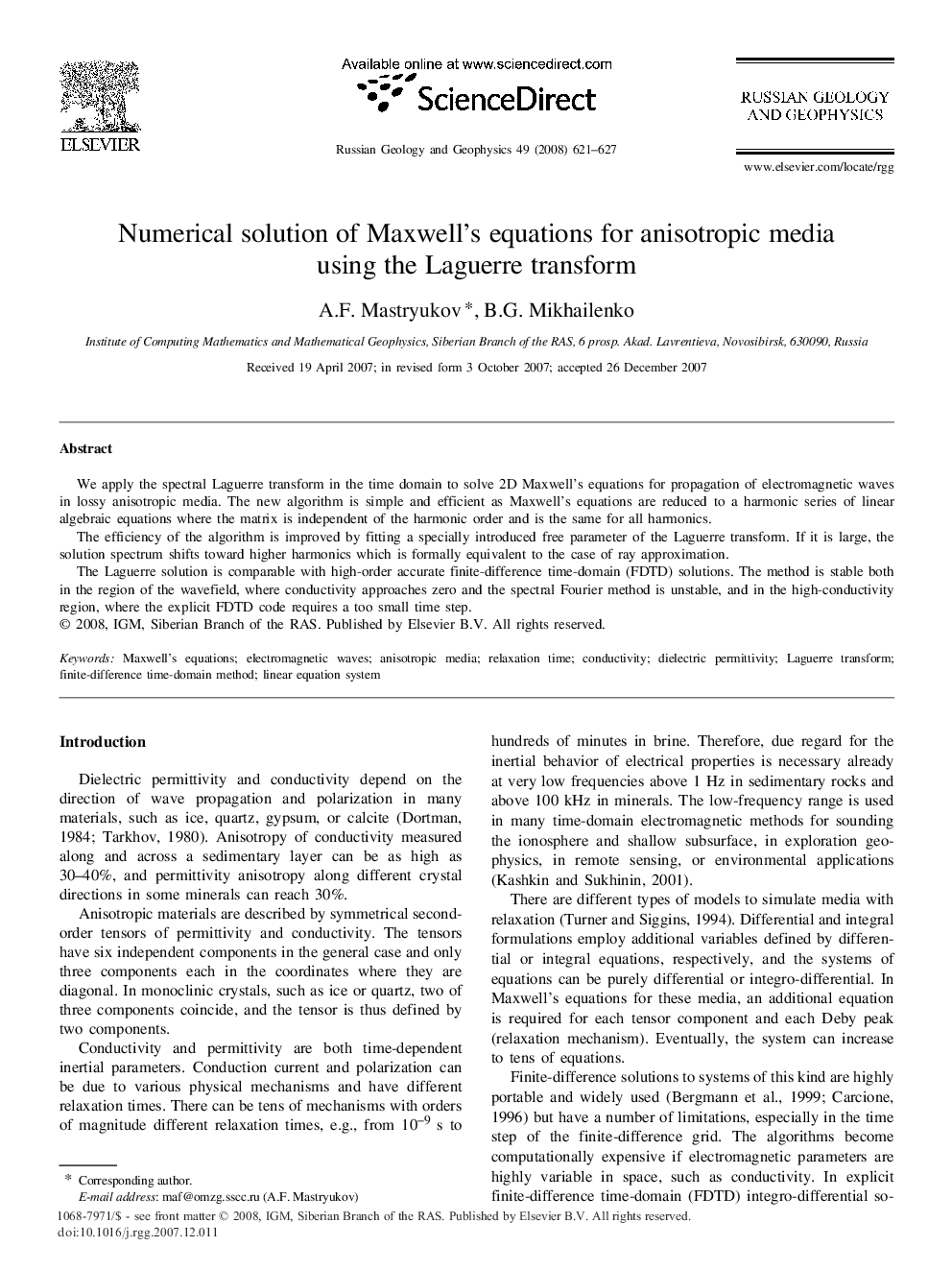 Numerical solution of Maxwell’s equations for anisotropic media using the Laguerre transform