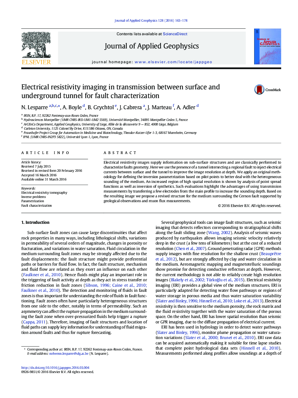 Electrical resistivity imaging in transmission between surface and underground tunnel for fault characterization