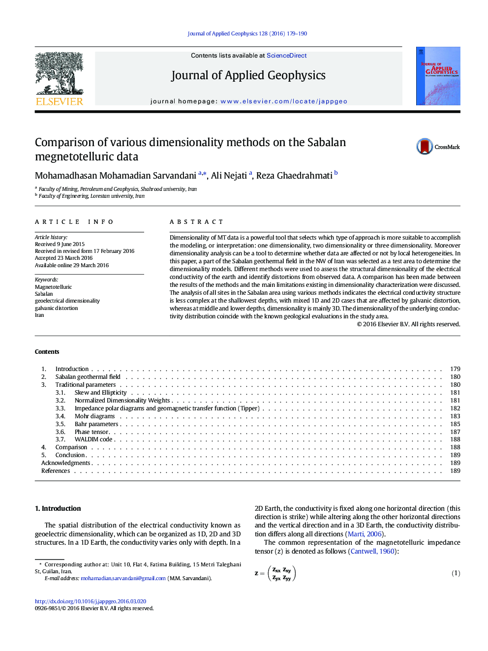 Comparison of various dimensionality methods on the Sabalan megnetotelluric data