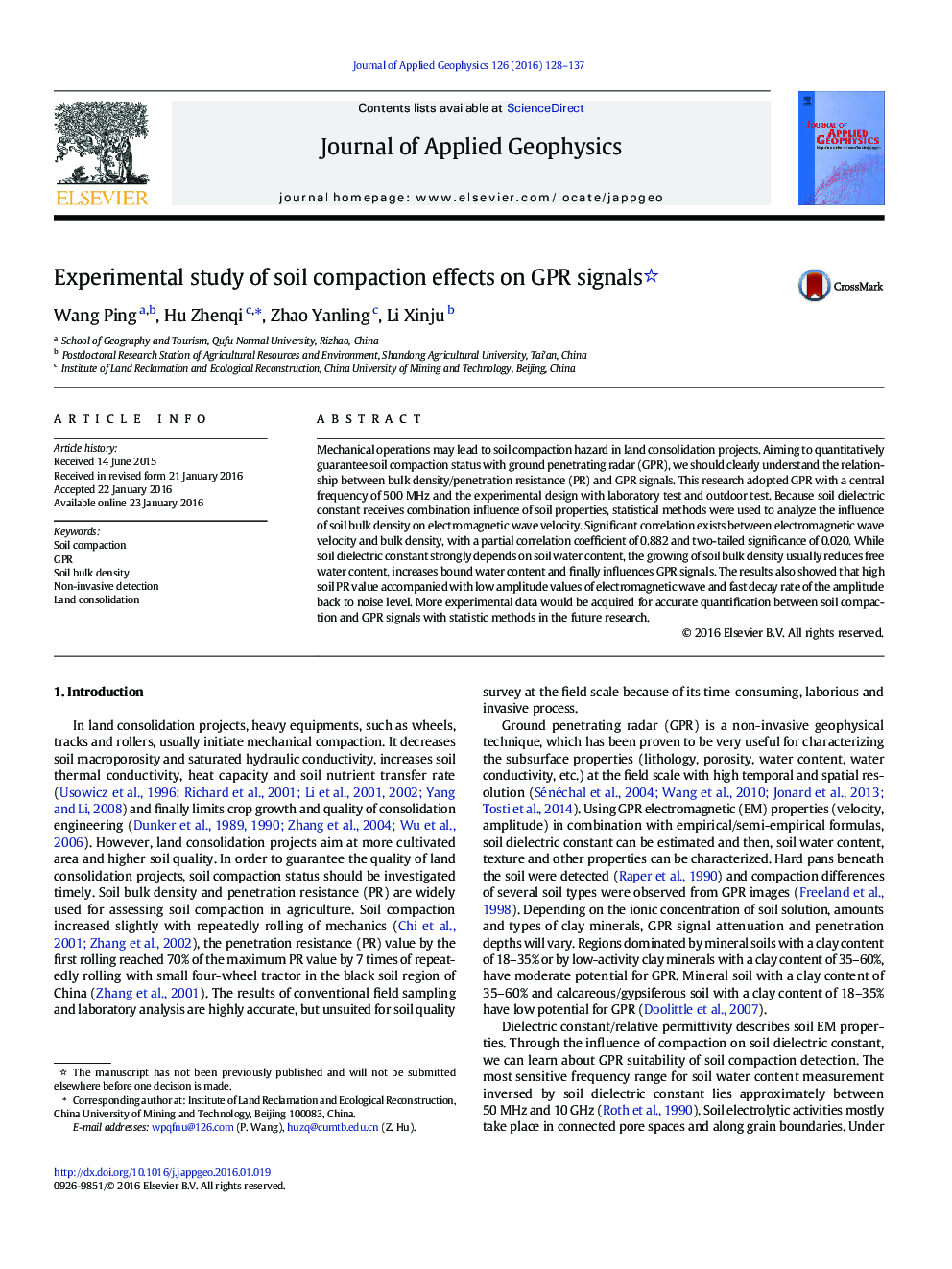 Experimental study of soil compaction effects on GPR signals 