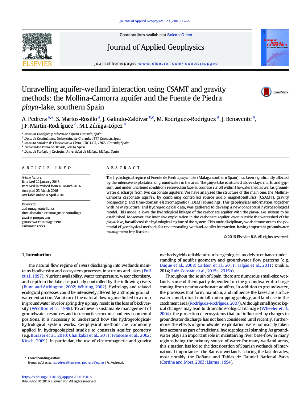 Unravelling aquifer-wetland interaction using CSAMT and gravity methods: the Mollina-Camorra aquifer and the Fuente de Piedra playa-lake, southern Spain