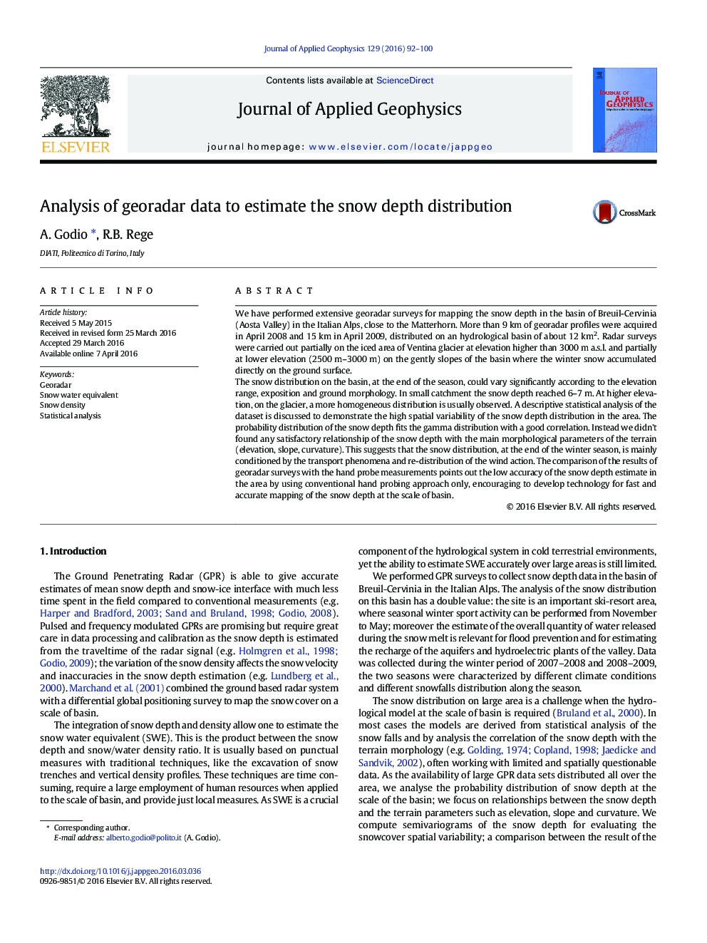 Analysis of georadar data to estimate the snow depth distribution