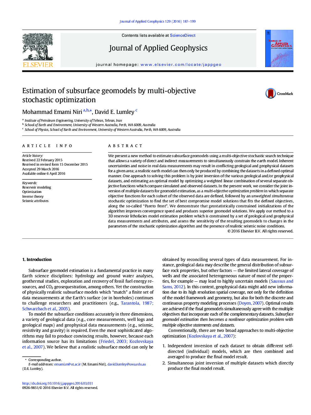 Estimation of subsurface geomodels by multi-objective stochastic optimization