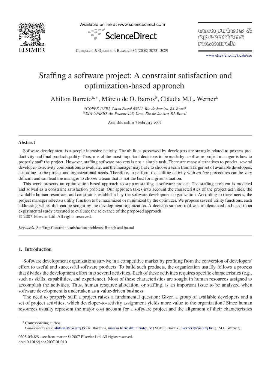 Staffing a software project: A constraint satisfaction and optimization-based approach