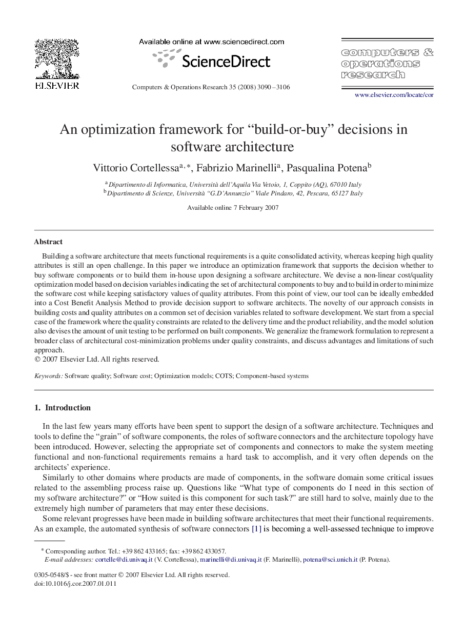 An optimization framework for “build-or-buy” decisions in software architecture