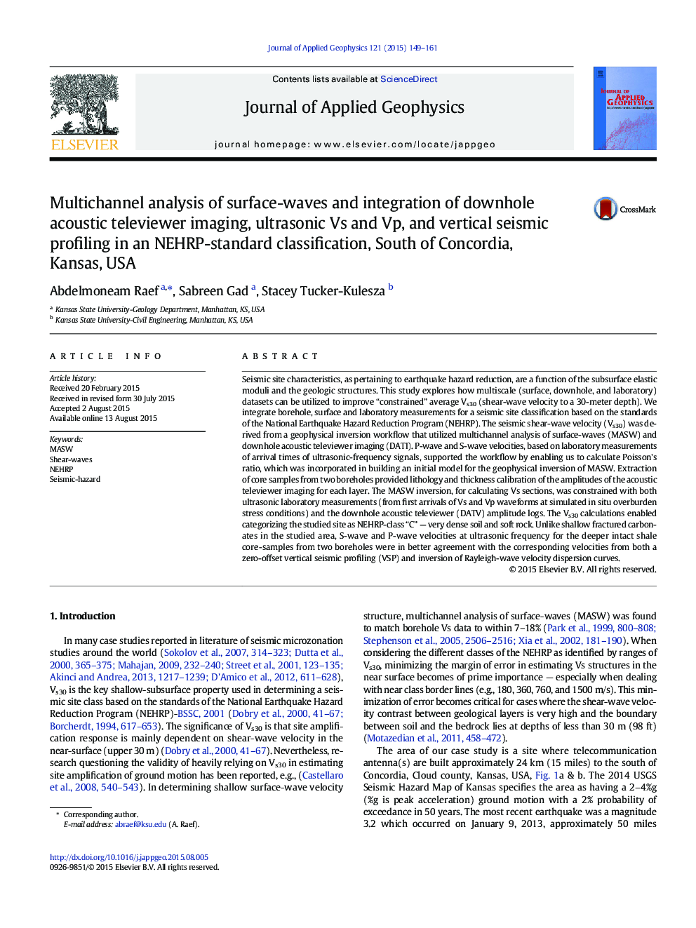 Multichannel analysis of surface-waves and integration of downhole acoustic televiewer imaging, ultrasonic Vs and Vp, and vertical seismic profiling in an NEHRP-standard classification, South of Concordia, Kansas, USA