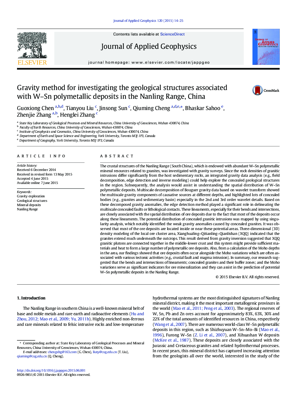 Gravity method for investigating the geological structures associated with W–Sn polymetallic deposits in the Nanling Range, China