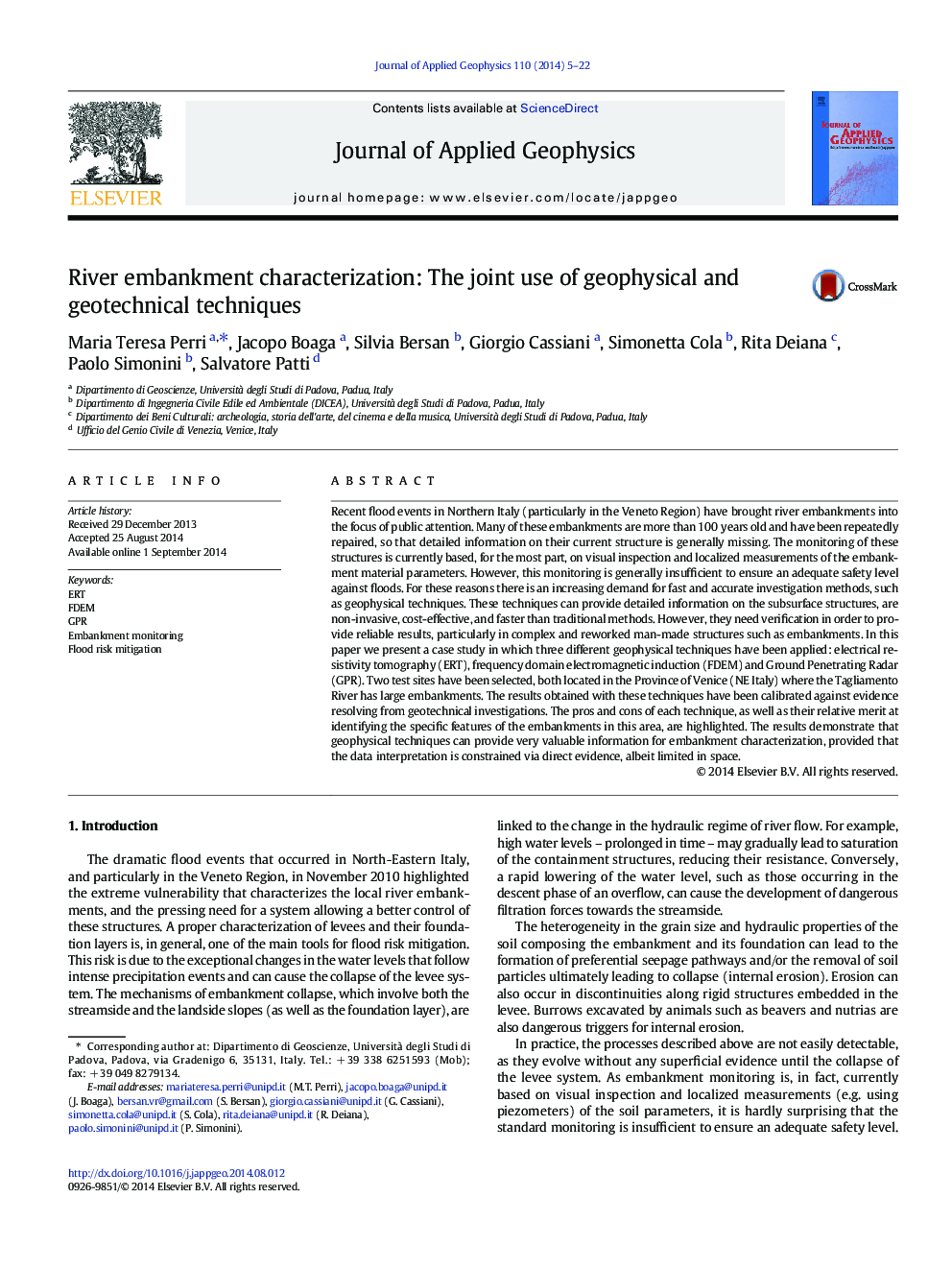 River embankment characterization: The joint use of geophysical and geotechnical techniques