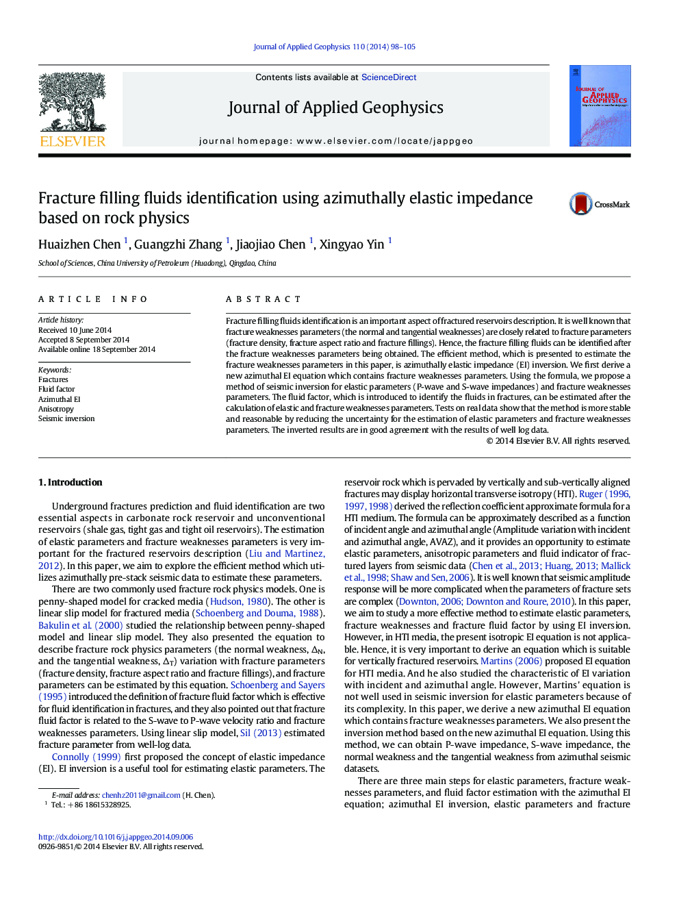 Fracture filling fluids identification using azimuthally elastic impedance based on rock physics