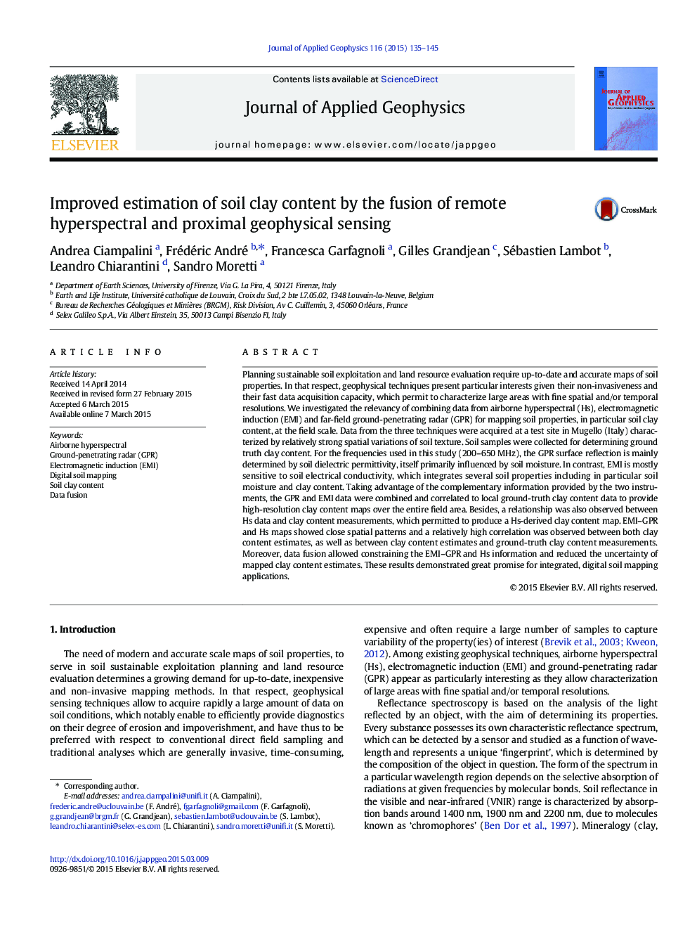 Improved estimation of soil clay content by the fusion of remote hyperspectral and proximal geophysical sensing