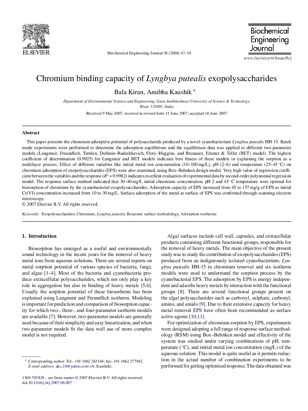Chromium binding capacity of Lyngbya putealis exopolysaccharides
