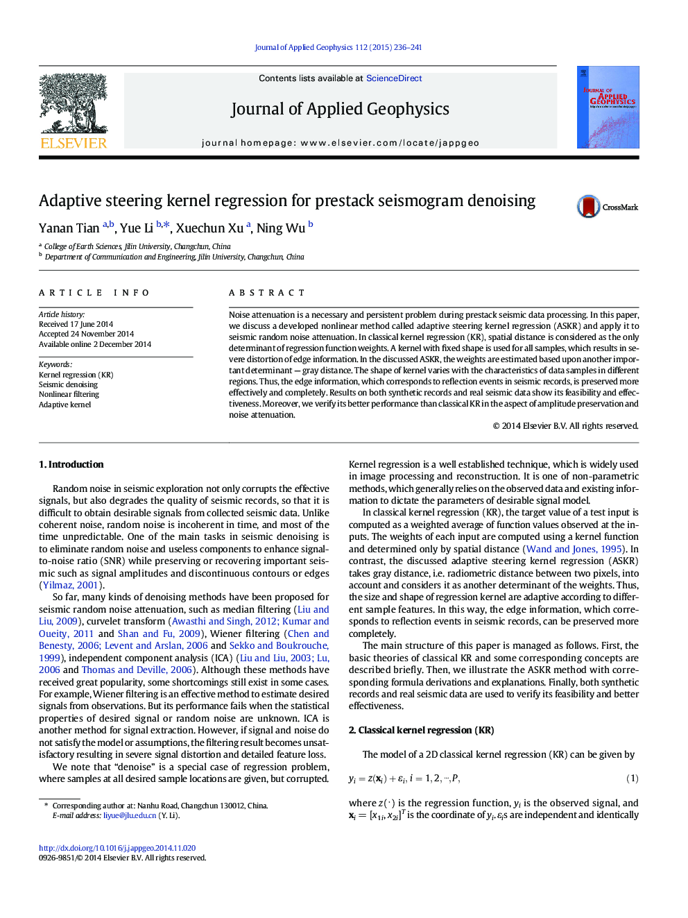 Adaptive steering kernel regression for prestack seismogram denoising