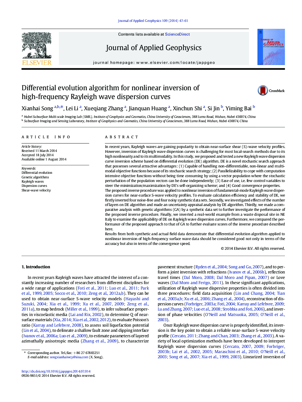 Differential evolution algorithm for nonlinear inversion of high-frequency Rayleigh wave dispersion curves