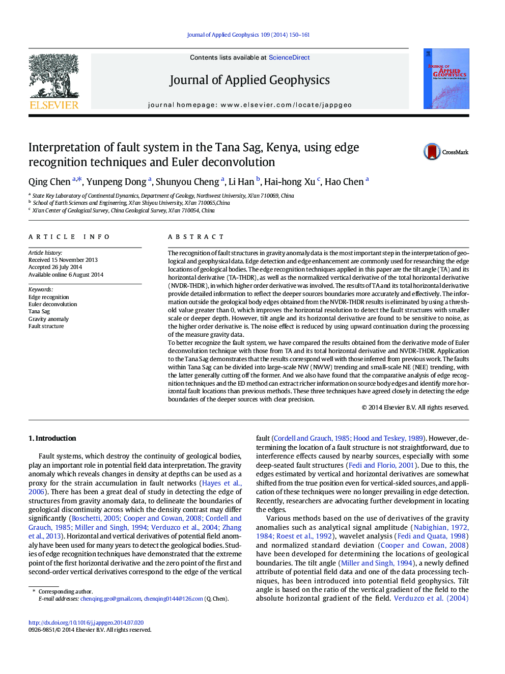 Interpretation of fault system in the Tana Sag, Kenya, using edge recognition techniques and Euler deconvolution