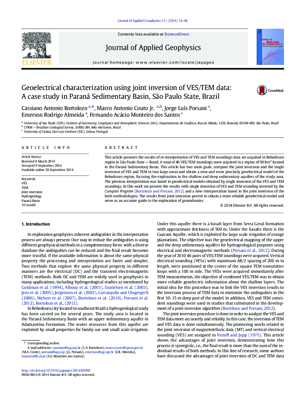 Geoelectrical characterization using joint inversion of VES/TEM data: A case study in Paraná Sedimentary Basin, São Paulo State, Brazil