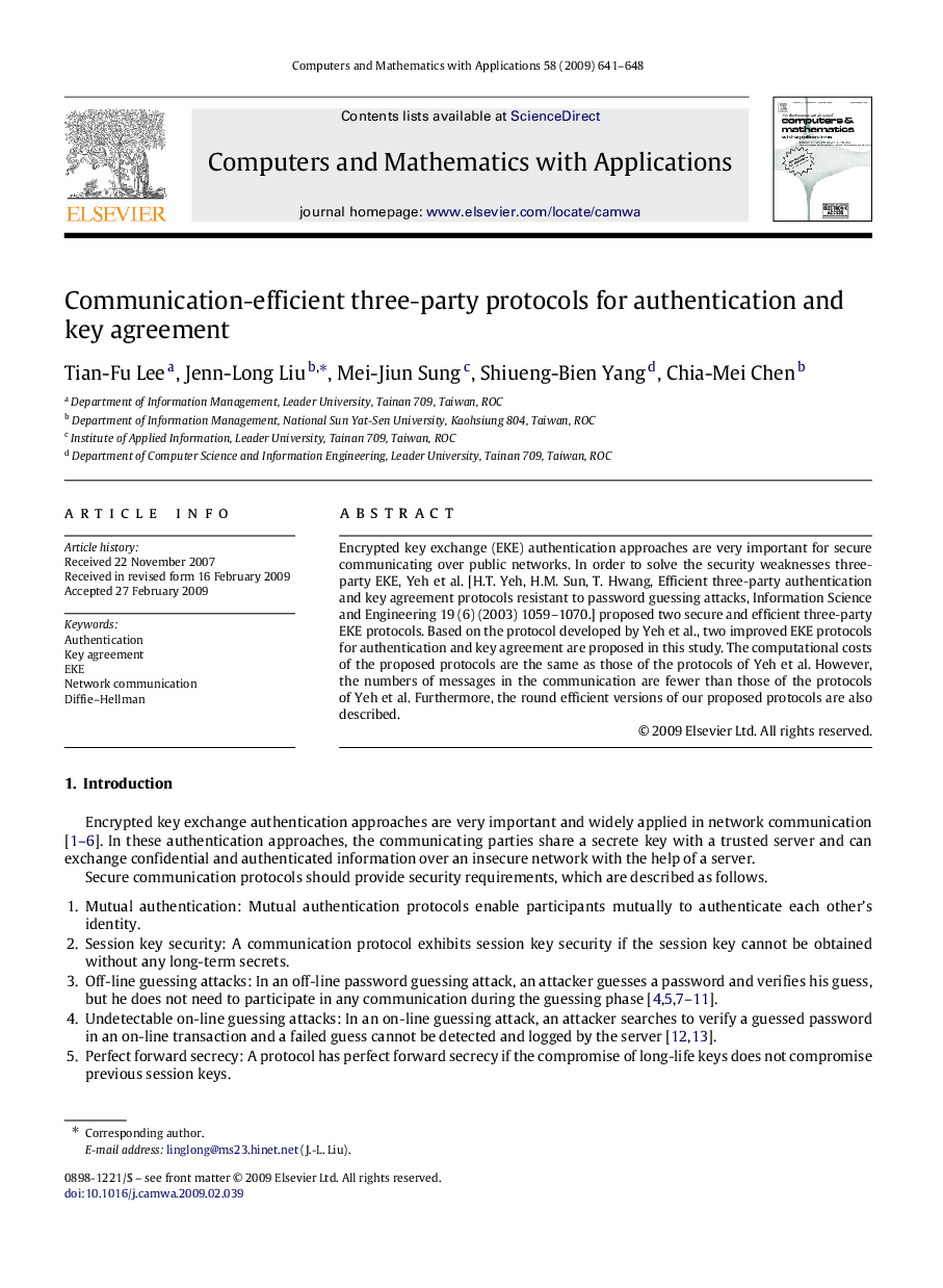 Communication-efficient three-party protocols for authentication and key agreement