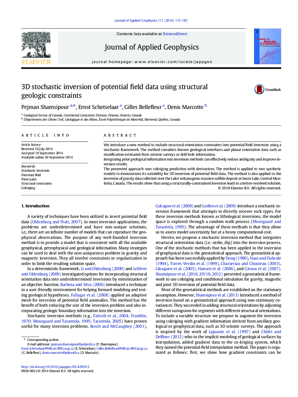 3D stochastic inversion of potential field data using structural geologic constraints