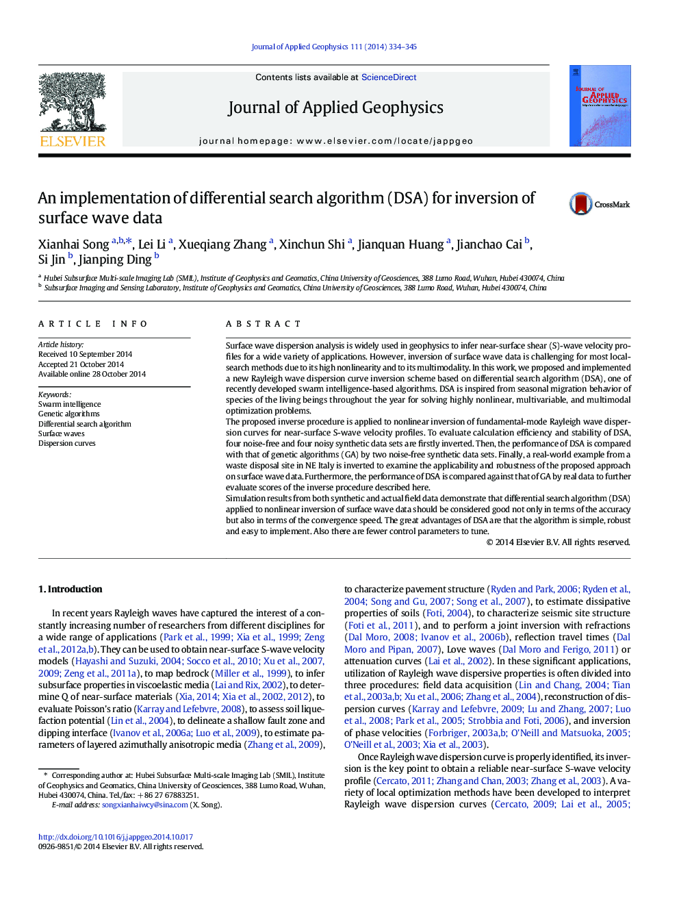 An implementation of differential search algorithm (DSA) for inversion of surface wave data