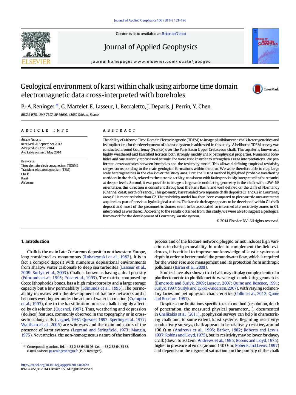 Geological environment of karst within chalk using airborne time domain electromagnetic data cross-interpreted with boreholes