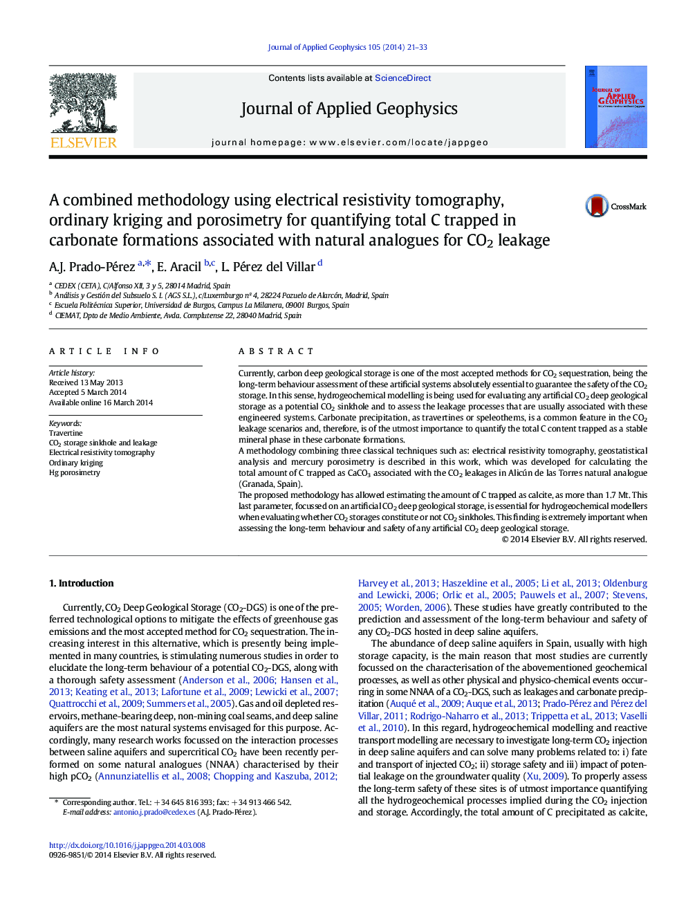 A combined methodology using electrical resistivity tomography, ordinary kriging and porosimetry for quantifying total C trapped in carbonate formations associated with natural analogues for CO2 leakage