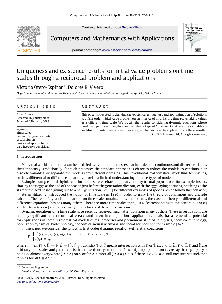 Uniqueness and existence results for initial value problems on time scales through a reciprocal problem and applications