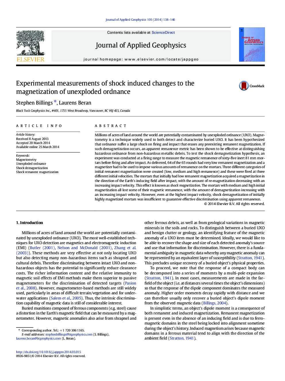 Experimental measurements of shock induced changes to the magnetization of unexploded ordnance