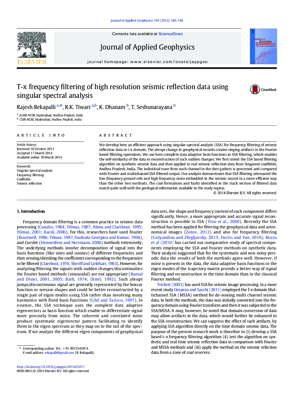 T-x frequency filtering of high resolution seismic reflection data using singular spectral analysis