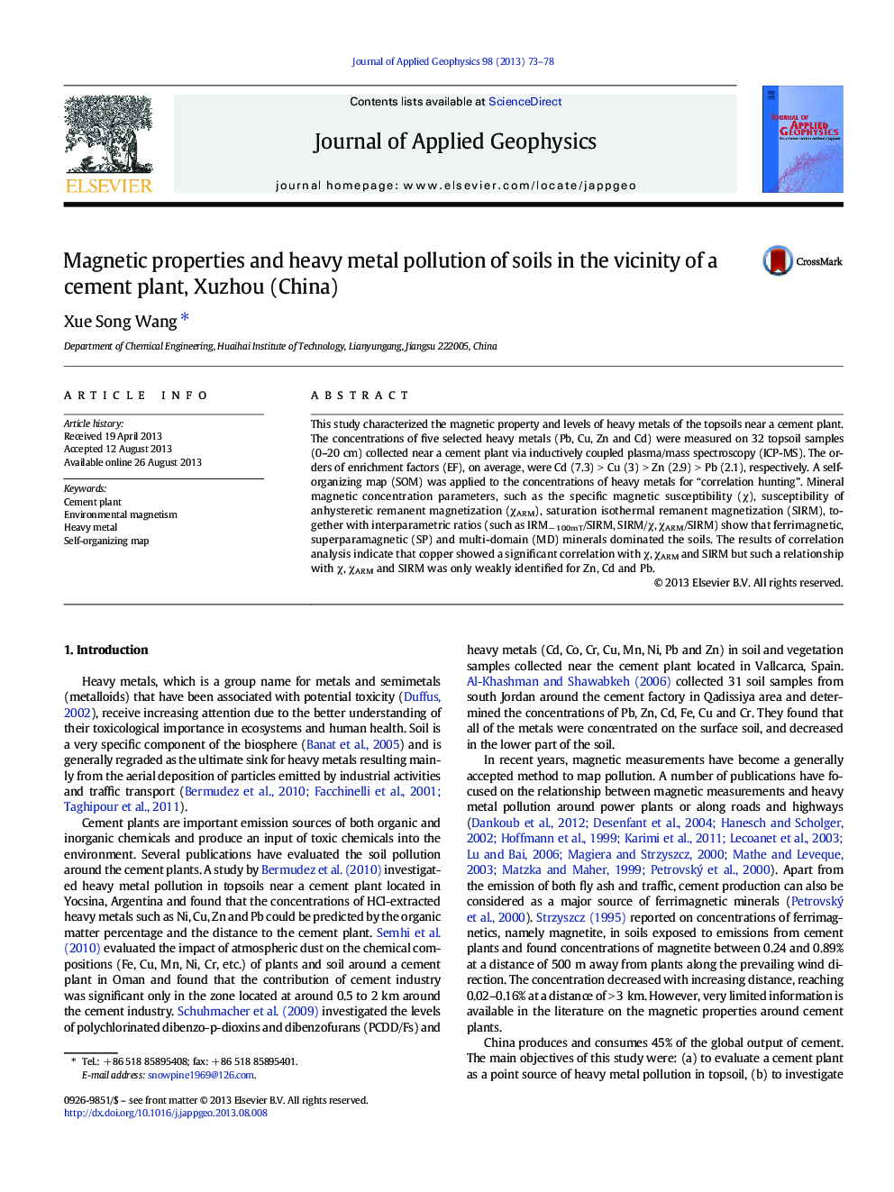 Magnetic properties and heavy metal pollution of soils in the vicinity of a cement plant, Xuzhou (China)