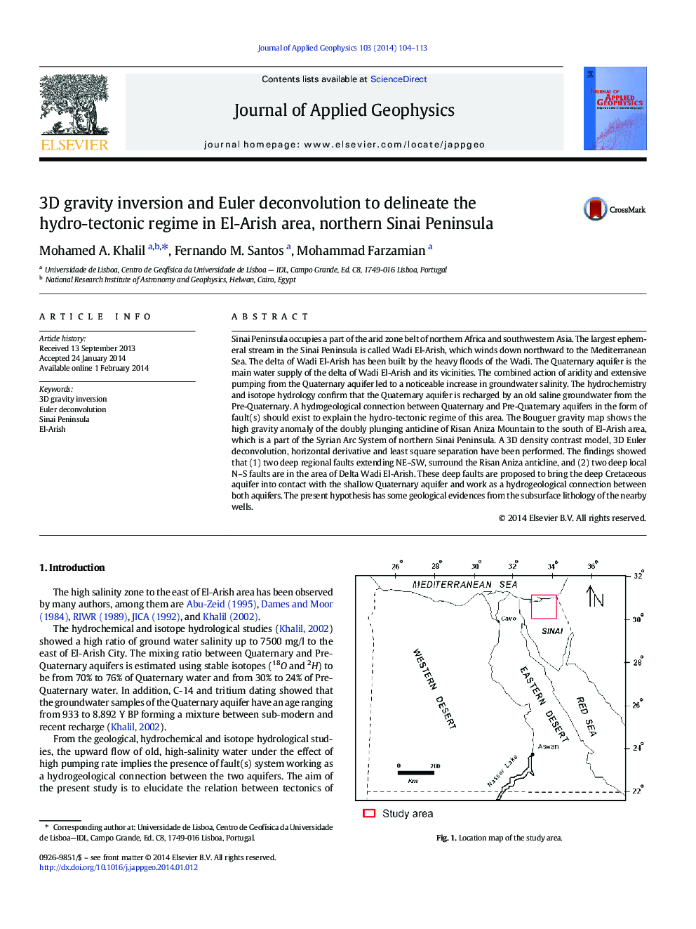 3D gravity inversion and Euler deconvolution to delineate the hydro-tectonic regime in El-Arish area, northern Sinai Peninsula