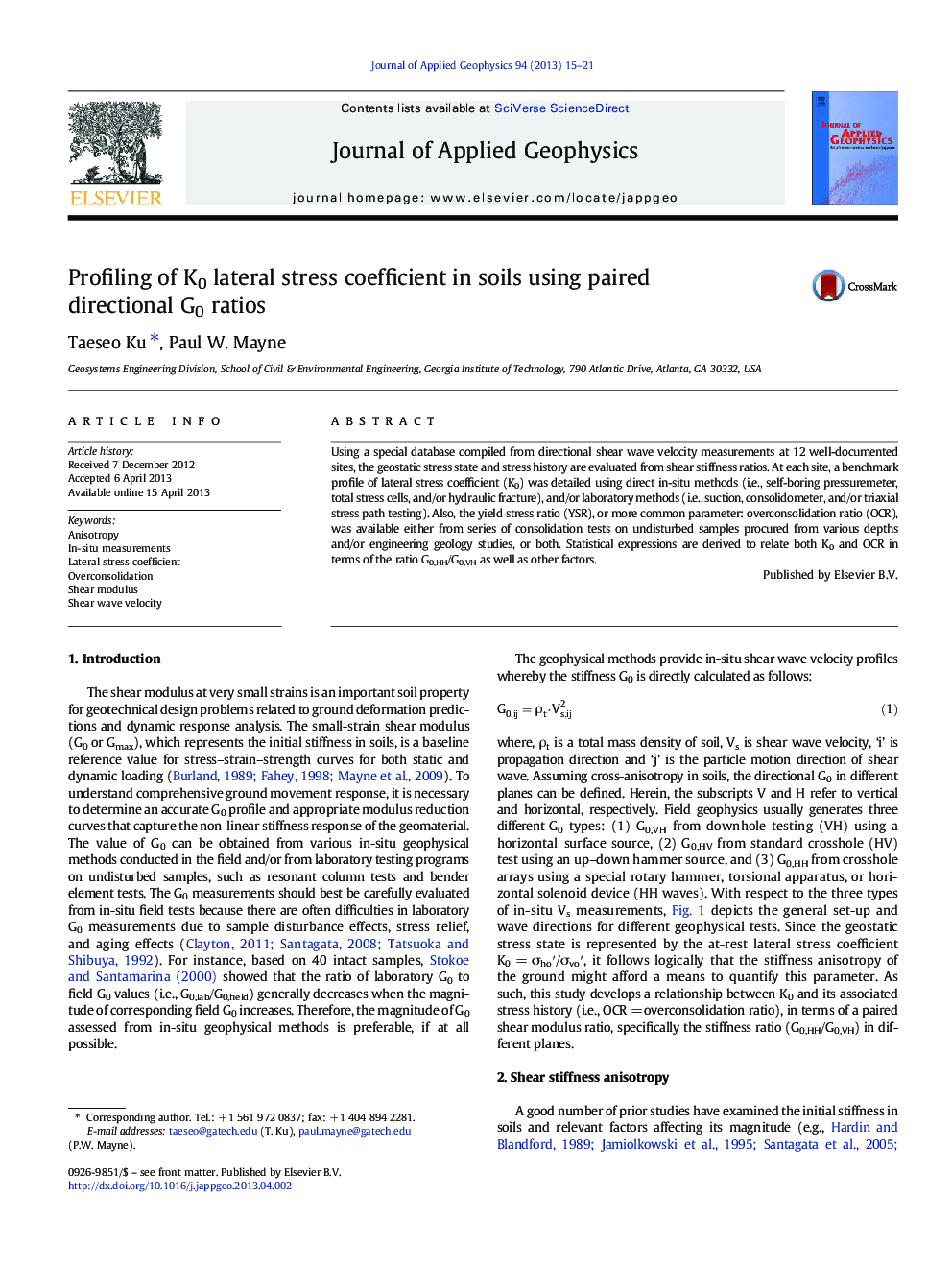 عکس صفحه اول مقاله: Profiling of K0 lateral stress coefficient in soils using paired directional G0 ratios Profiling of K0 lateral stress coefficient in soils using paired directional G0 ratios