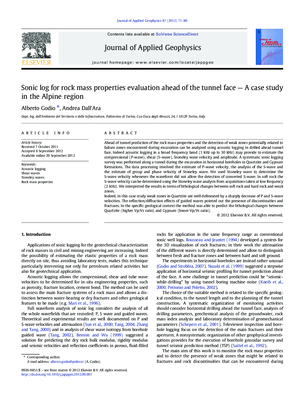 Sonic log for rock mass properties evaluation ahead of the tunnel face — A case study in the Alpine region