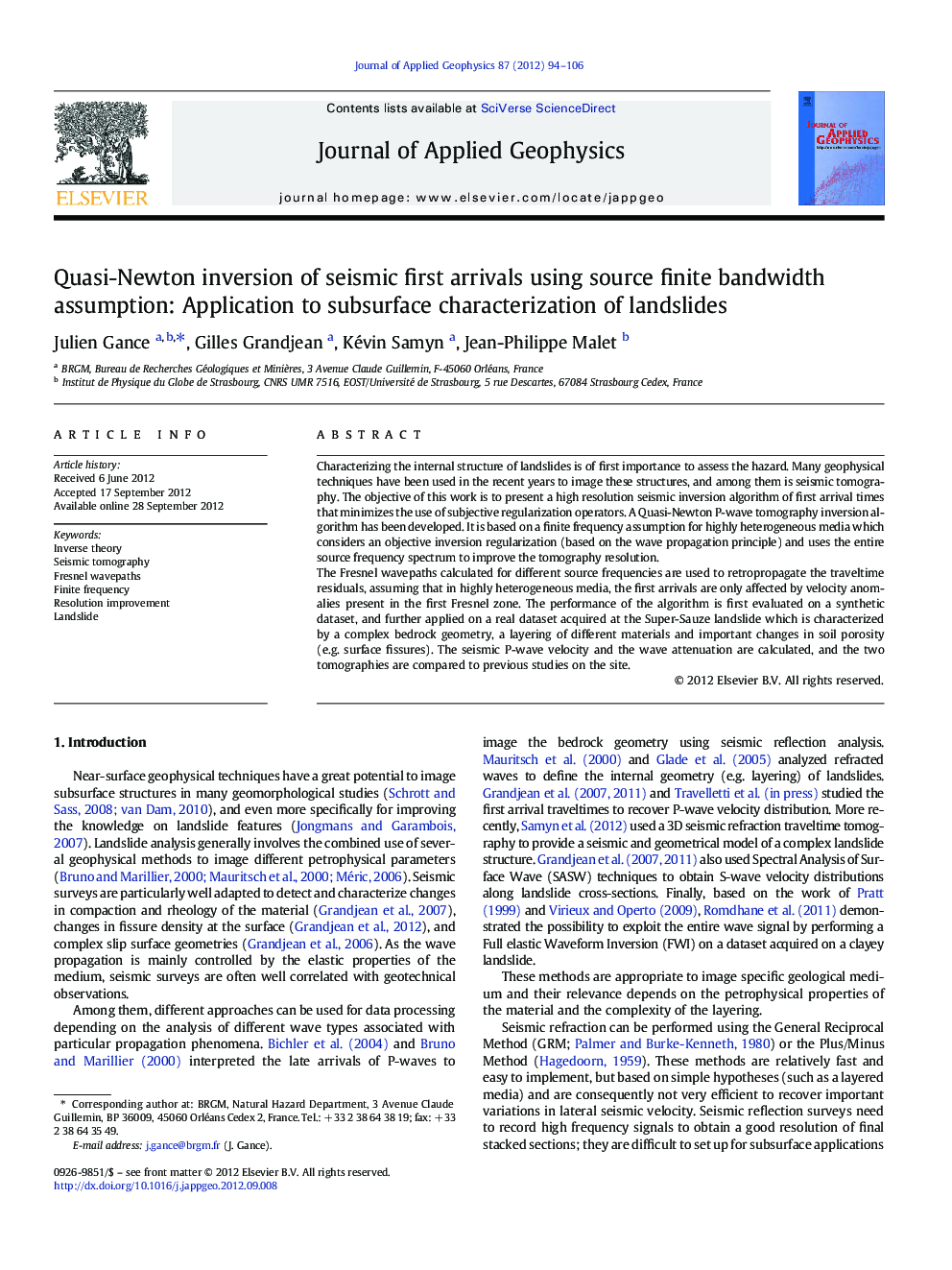 Quasi-Newton inversion of seismic first arrivals using source finite bandwidth assumption: Application to subsurface characterization of landslides